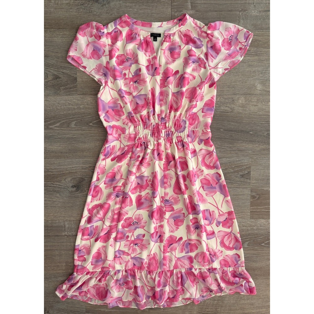 Talbots Pink Purple Floral Smocked Waist Ruffle Hem Dress Size 8 Short Sleeve